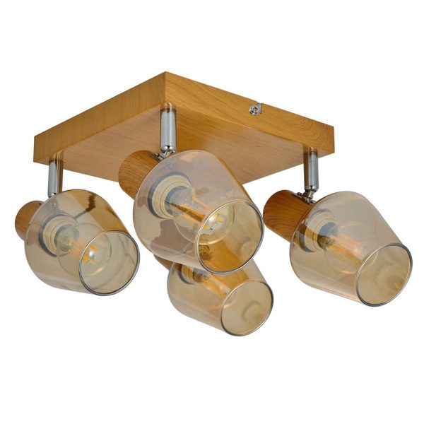 Plafonnier 4 Spots en Métal Effet Bois Naturel et Verre Ambré – Image 2