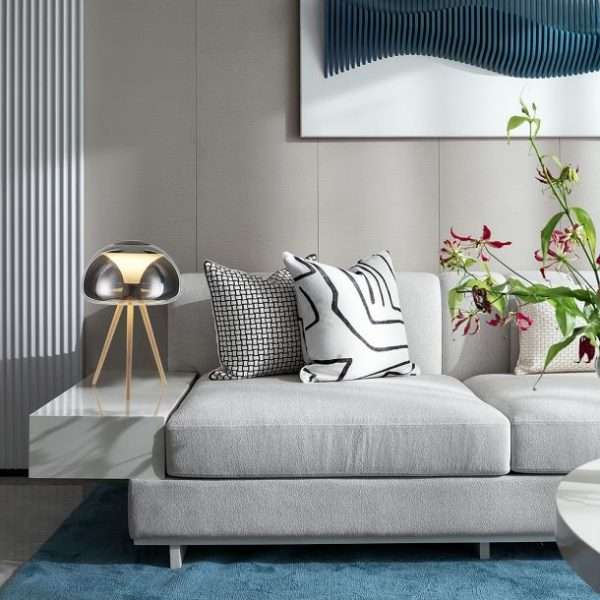 Lampe à poser WALLY en bois naturel et verre fumé