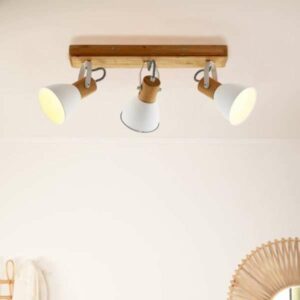 Réglette 3 spots NORSE en métal blanc et bois naturel