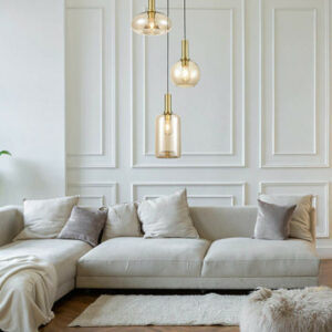 Suspension cascade LARIO en métal couleur laiton antique et verre ambré