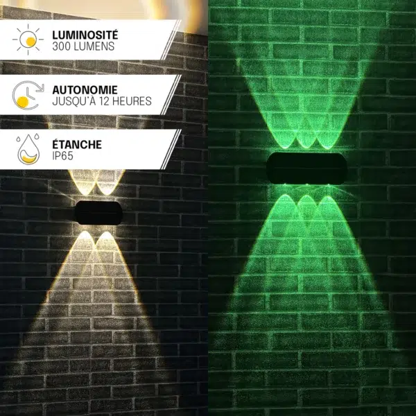 Applique solaire double éclairage 300lm (3000k)IP65,noir