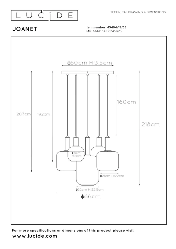 Suspension Lucide Joanet 5xE27 66cm,fumé – Image 7