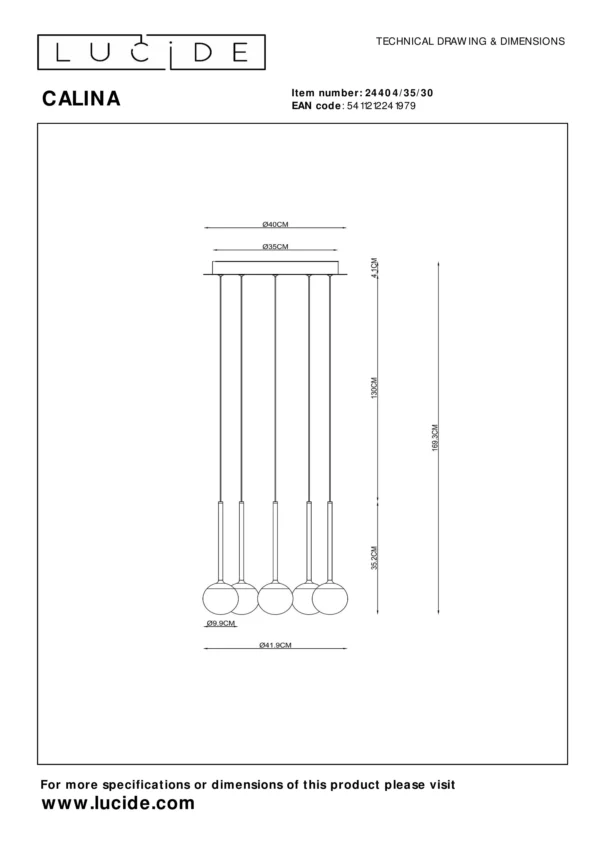 Suspension Lucide dim Calina 5x8.2w (2700k) 42cm,noir – Image 6