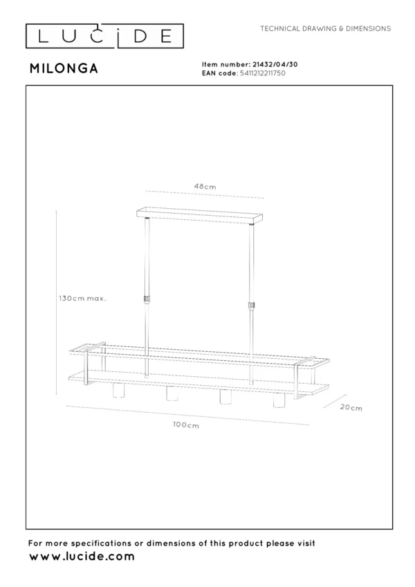 Suspension barre Lucide Milonga 4xE27 100cm,noir – Image 8